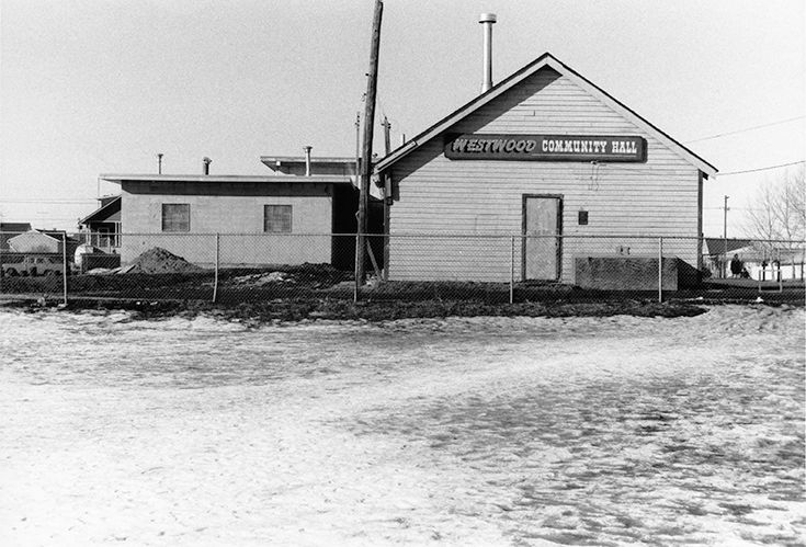 Exterior view of Westwood Community Hall, captured circa 1968.